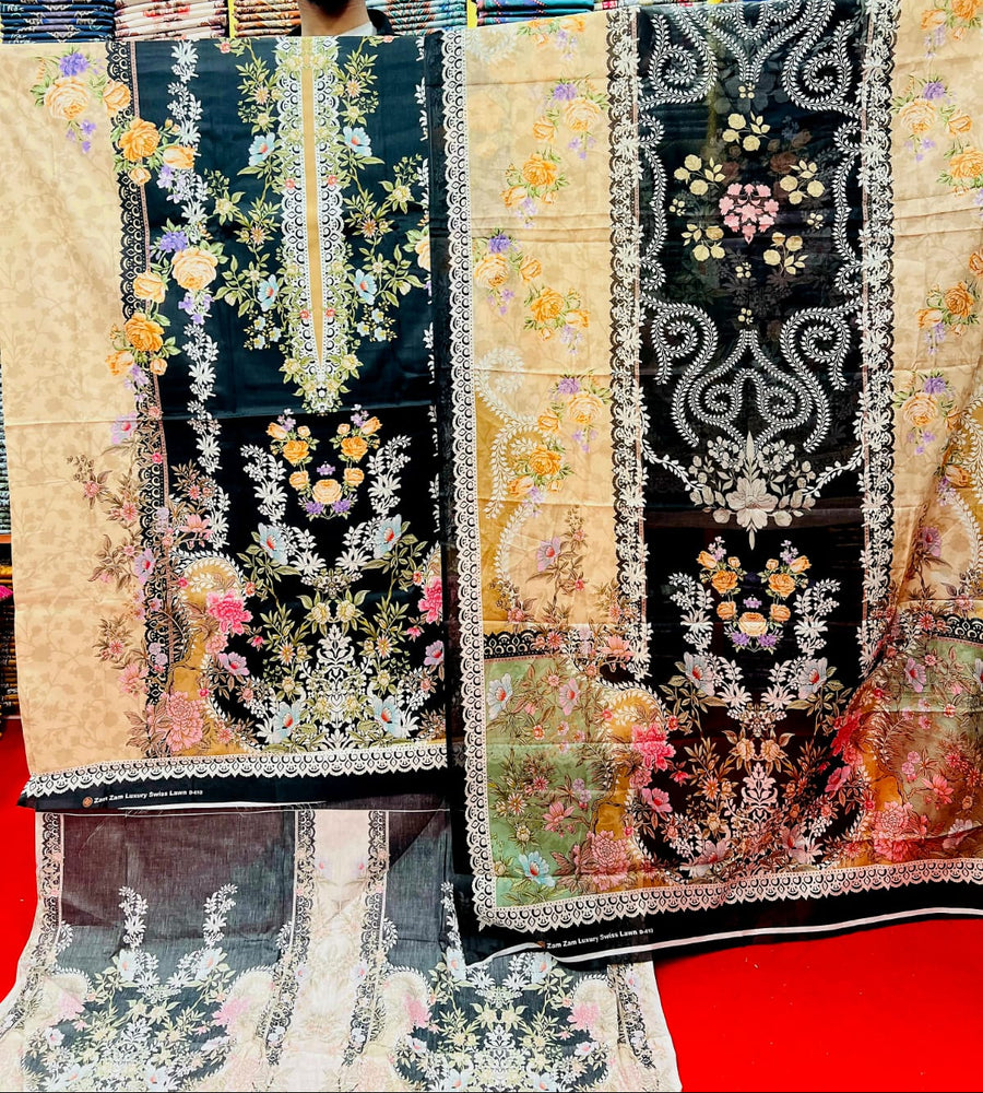 Zam Zam Cotton থ্রি-পিস | Charcoal Grey & Beige Floral Printed | A+ Grade Unstitched | বাংলাদেশি নারীদের Regular Wear