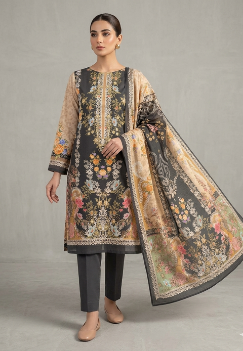 Zam Zam Cotton থ্রি-পিস | Charcoal Grey & Beige Floral Printed | A+ Grade Unstitched | বাংলাদেশি নারীদের Regular Wear