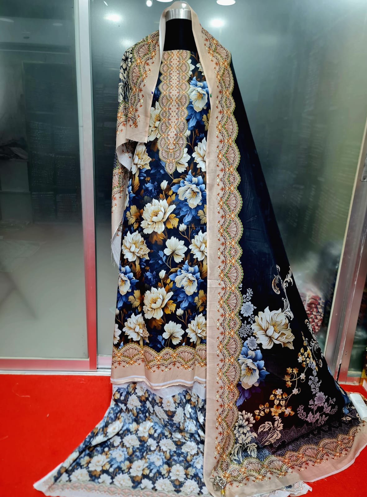 Zam Zam Cotton থ্রি-পিস | Black & Navy Large Floral Printed | A+ Grade Unstitched | বাংলাদেশি নারীদের Regular Wear