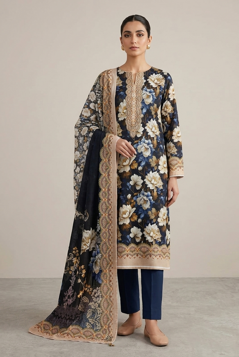 Zam Zam Cotton থ্রি-পিস | Black & Navy Large Floral Printed | A+ Grade Unstitched | বাংলাদেশি নারীদের Regular Wear