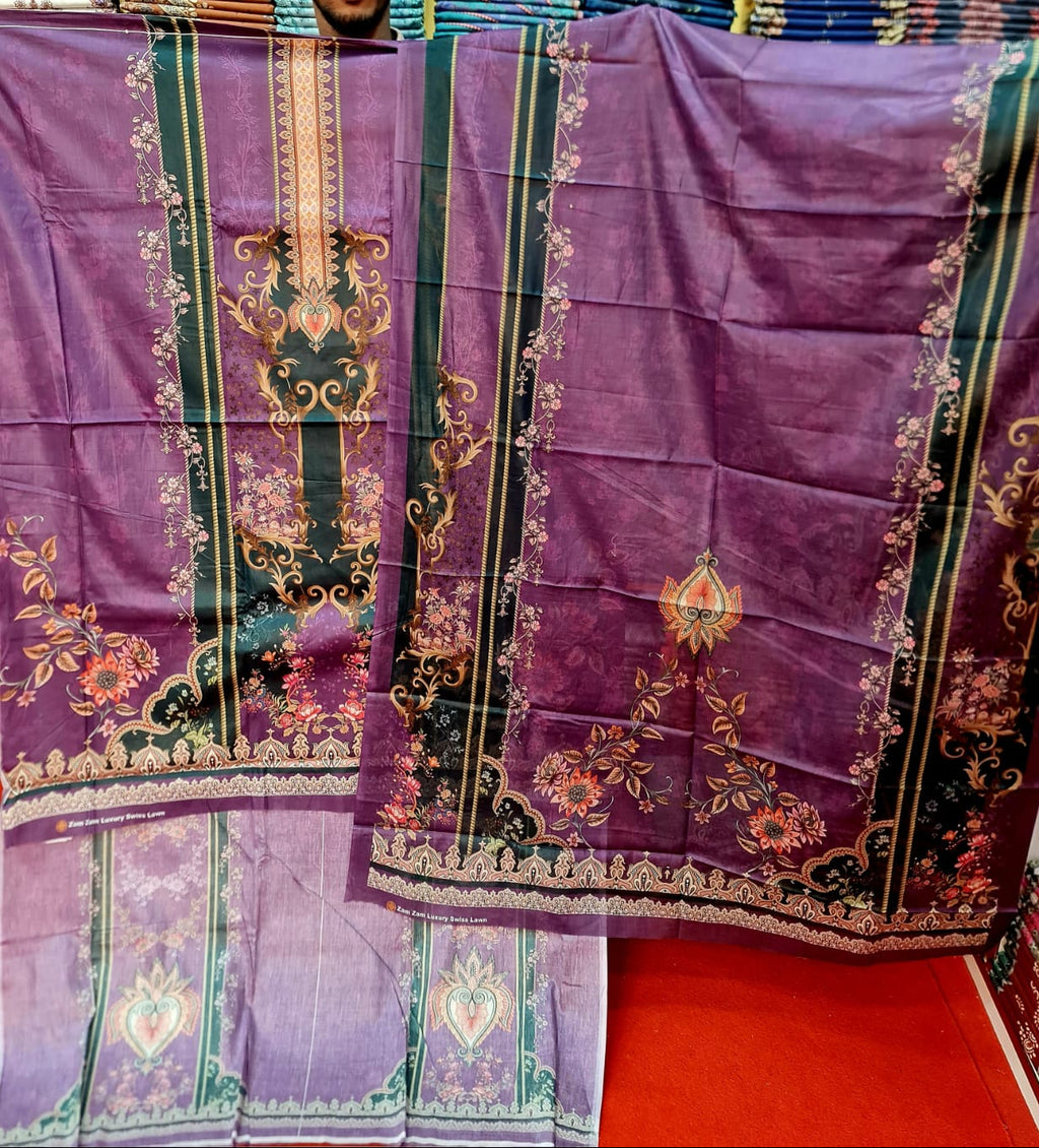Zam Zam Cotton থ্রি-পিস | Mauve Purple Baroque Floral Printed | A+ Grade Unstitched | বাংলাদেশি নারীদের Regular Wear