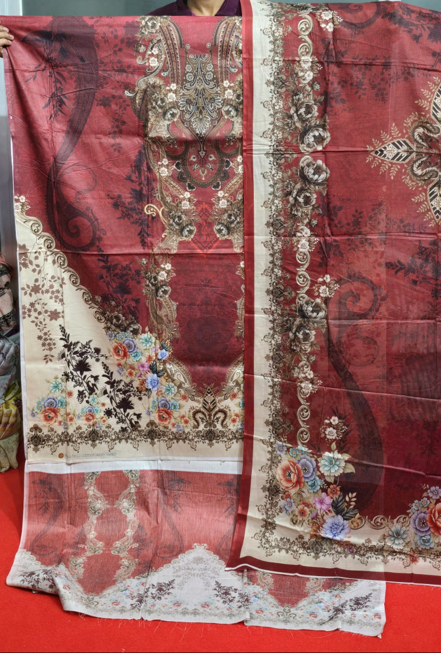 Zam Zam Luxury Cotton থ্রি-পিস | Maroon Paisley & Floral Printed | A+ Grade Unstitched |Regular Wear