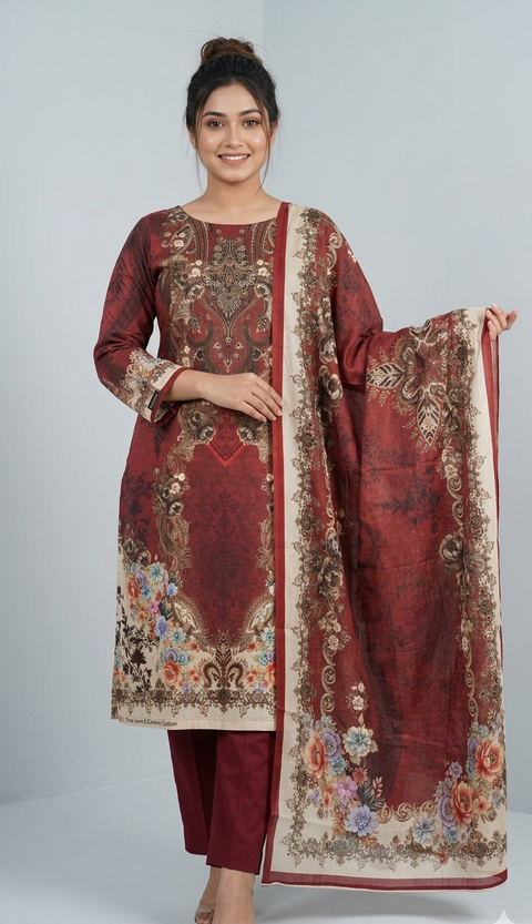 Zam Zam Luxury Cotton থ্রি-পিস | Maroon Paisley & Floral Printed | A+ Grade Unstitched |Regular Wear
