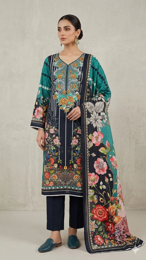 Zam Zam Cotton থ্রি-পিস | Teal & Black Bold Floral Printed | A+ Grade Unstitched | Regular Wear
