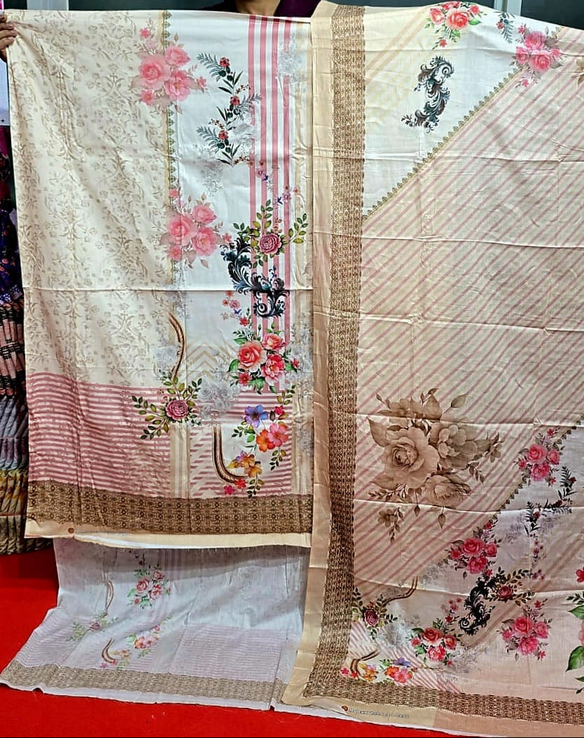 Zam Zam Cotton থ্রি-পিস | Cream Floral & Stripe Printed | A+ Grade Unstitched | Regular Wear