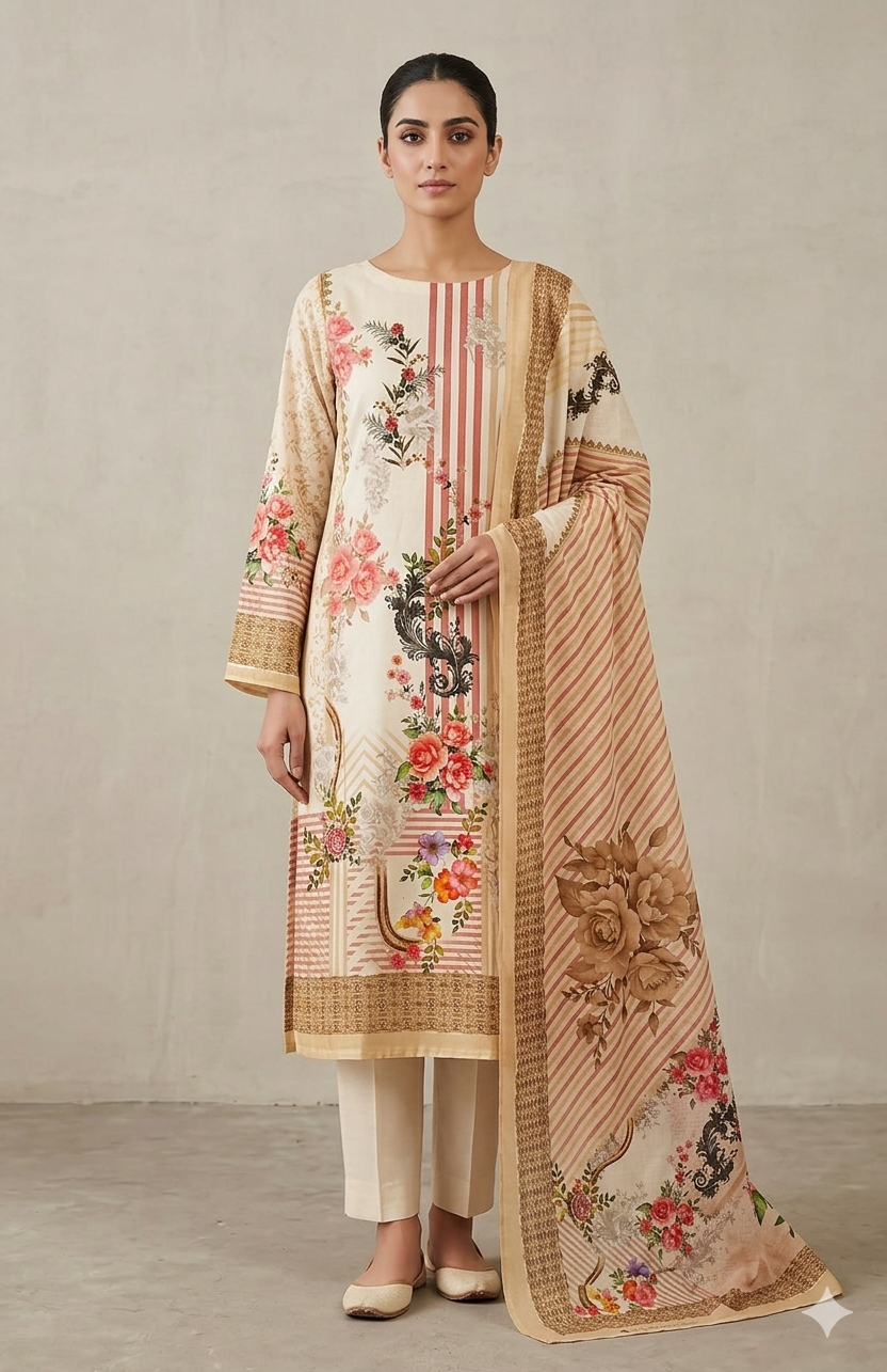 Zam Zam Cotton থ্রি-পিস | Cream Floral & Stripe Printed | A+ Grade Unstitched | Regular Wear