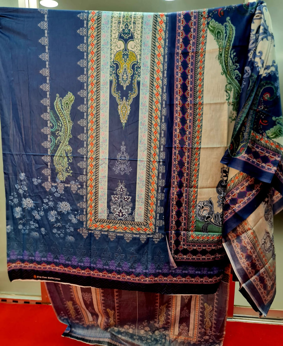 Zam Zam Cotton থ্রি-পিস | Teal Geometric & Floral Printed | A+ Grade Unstitched | Regular Wear