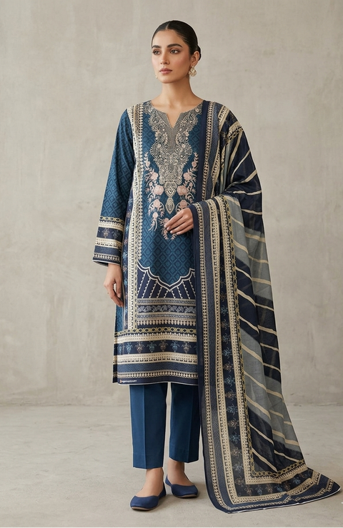 Zam Zam Cotton থ্রি-পিস | Teal Geometric & Floral Printed | A+ Grade Unstitched | Regular Wear