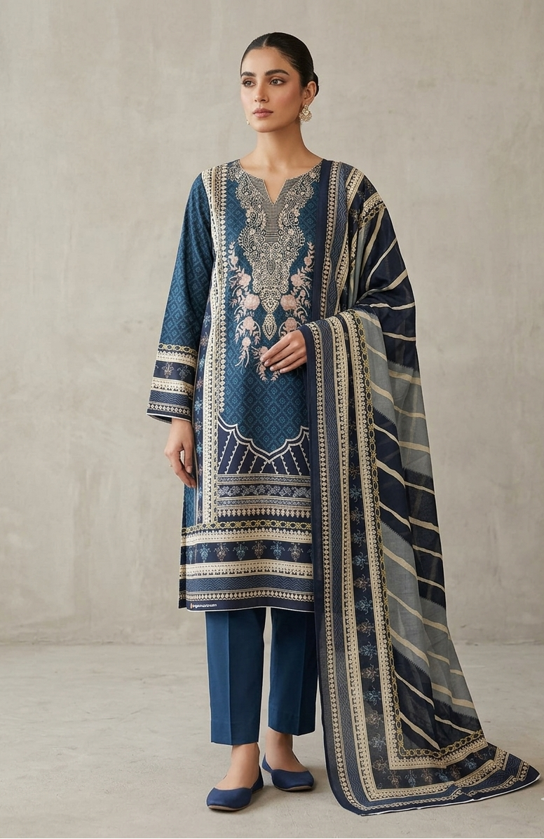 Zam Zam Cotton থ্রি-পিস | Teal Geometric & Floral Printed | A+ Grade Unstitched | Regular Wear