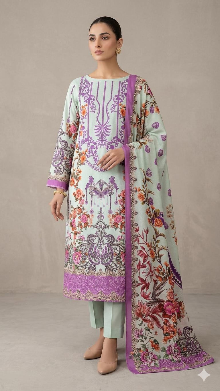 Zam Zam Cotton থ্রি-পিস | Mint Green & Lavender Baroque Floral Printed | A+ Grade Unstitched | বাংলাদেশি নারীদের Regular Wear