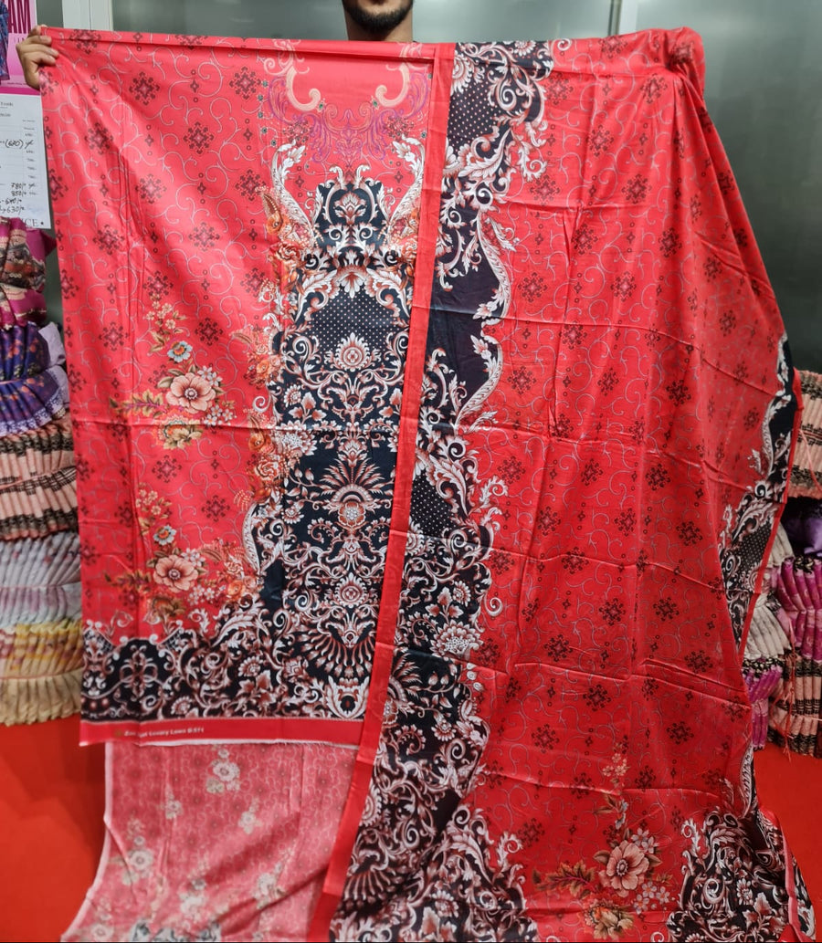 Zam Zam Cotton থ্রি-পিস | Red & Black Baroque Peacock Floral Printed | A+ Grade Unstitched | বাংলাদেশি নারীদের Regular Wear