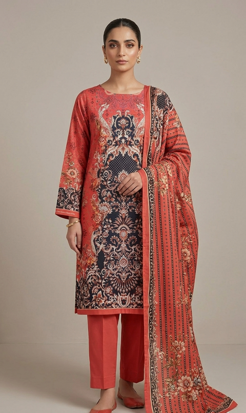 Zam Zam Cotton থ্রি-পিস | Red & Black Baroque Peacock Floral Printed | A+ Grade Unstitched | বাংলাদেশি নারীদের Regular Wear