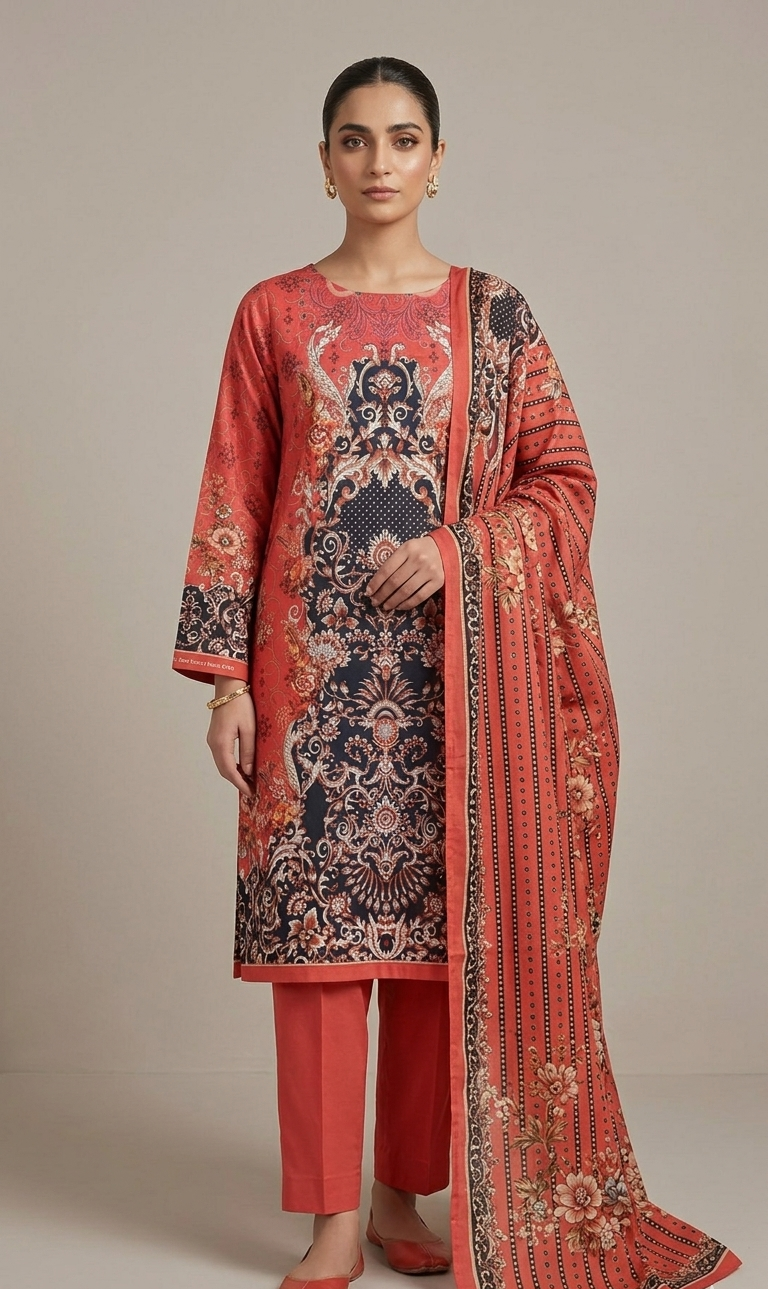 Zam Zam Cotton থ্রি-পিস | Red & Black Baroque Peacock Floral Printed | A+ Grade Unstitched | বাংলাদেশি নারীদের Regular Wear