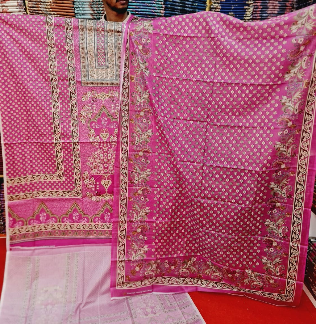 Zam Zam Cotton থ্রি-পিস | Rose Pink Mughal Floral Jaal Printed | A+ Grade Unstitched | Regular Wear