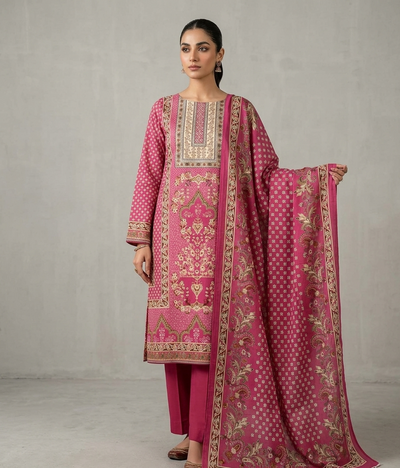 Zam Zam Cotton থ্রি-পিস | Rose Pink Mughal Floral Jaal Printed | A+ Grade Unstitched | Regular Wear