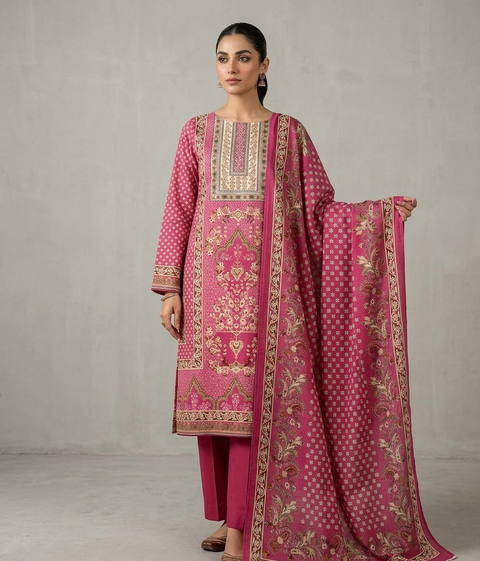 Zam Zam Cotton থ্রি-পিস | Rose Pink Mughal Floral Jaal Printed | A+ Grade Unstitched | Regular Wear