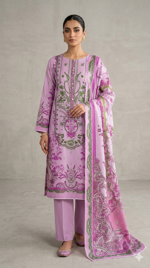 Zam Zam Cotton থ্রি-পিস | Lilac Baroque Floral & Vine Printed | A+ Grade Unstitched | Regular Wear