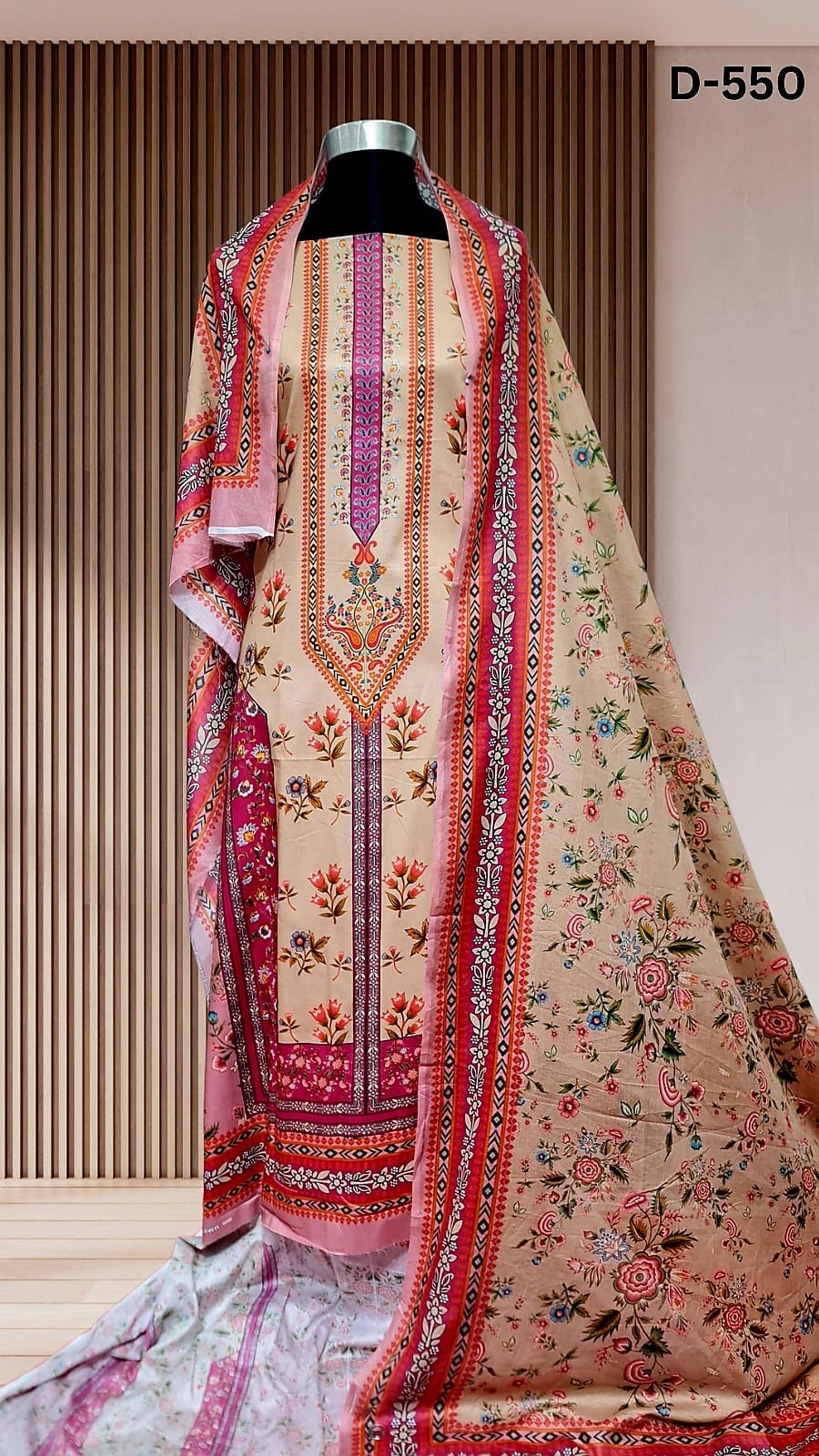 Zam Zam Cotton থ্রি-পিস | Beige Mughal Floral Scatter Printed | A+ Grade Unstitched | বাংলাদেশি নারীদের Regular Wear