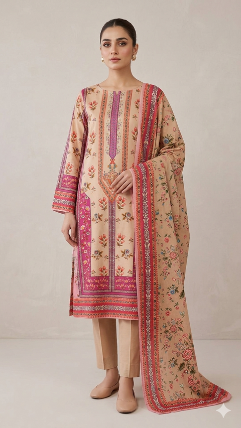 Zam Zam Cotton থ্রি-পিস | Beige Mughal Floral Scatter Printed | A+ Grade Unstitched | বাংলাদেশি নারীদের Regular Wear