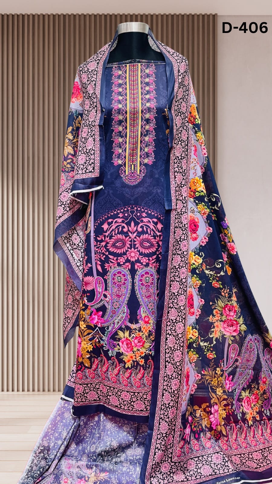 Zam Zam Swiss Lawn থ্রি-পিস | Navy Blue Bold Paisley & Floral Printed | Unstitched | বাংলাদেশি নারীদের Regular Wear
