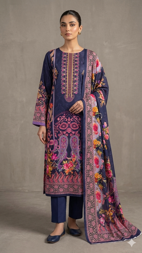 Zam Zam Swiss Lawn থ্রি-পিস | Navy Blue Bold Paisley & Floral Printed | Unstitched | বাংলাদেশি নারীদের Regular Wear