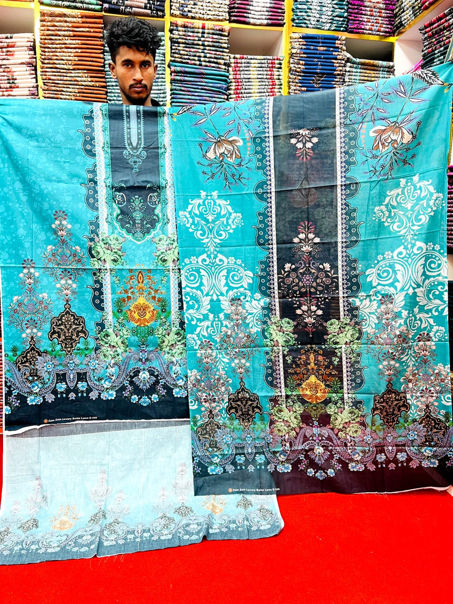 Zam Zam Cotton থ্রি-পিস | Teal Baroque Medallion & Floral Printed | A+ Grade Unstitched |  Regular Wear