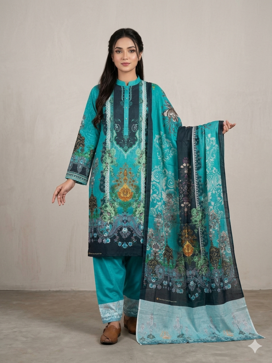Zam Zam Cotton থ্রি-পিস | Teal Baroque Medallion & Floral Printed | A+ Grade Unstitched |  Regular Wear