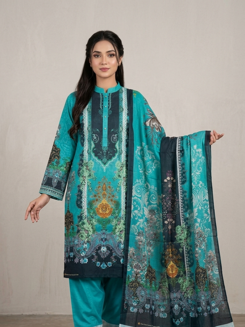 Zam Zam Cotton থ্রি-পিস | Teal Baroque Medallion & Floral Printed | A+ Grade Unstitched |  Regular Wear