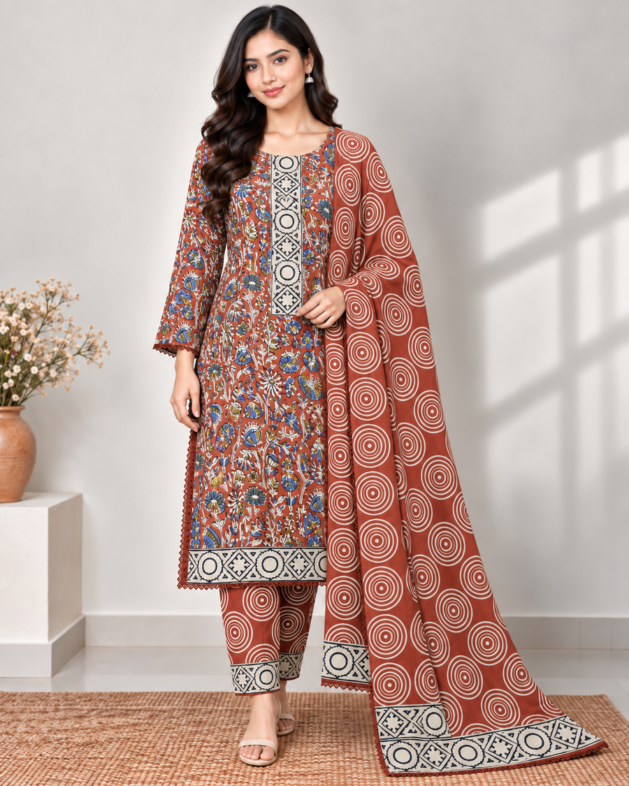 Brick Joypuri Stitched Three-Piece Set