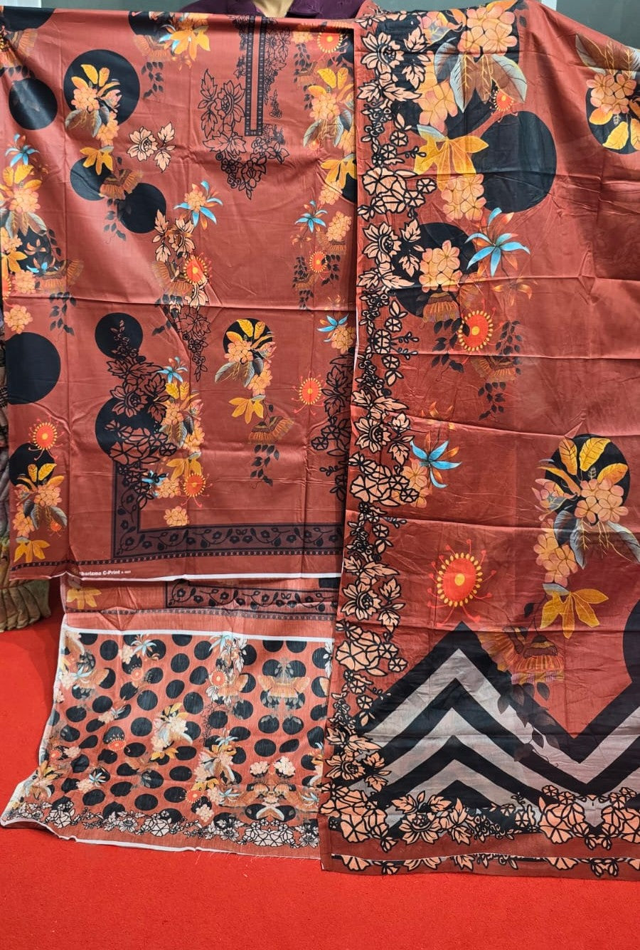 Brown & Black Floral Charizma Cotton থ্রি-পিস | বাংলাদেশি নারীদের Regular Wear