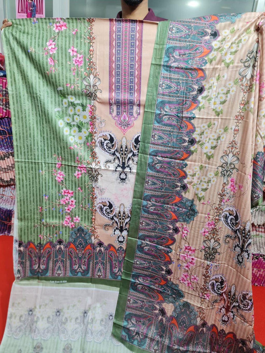 Multicolor Green Floral Charizma Cotton থ্রি-পিস | Regular Wear