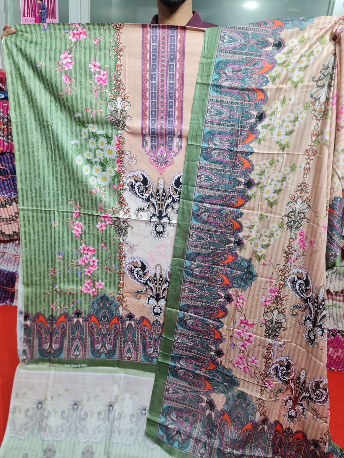 Multicolor Green Floral Charizma Cotton থ্রি-পিস | Regular Wear