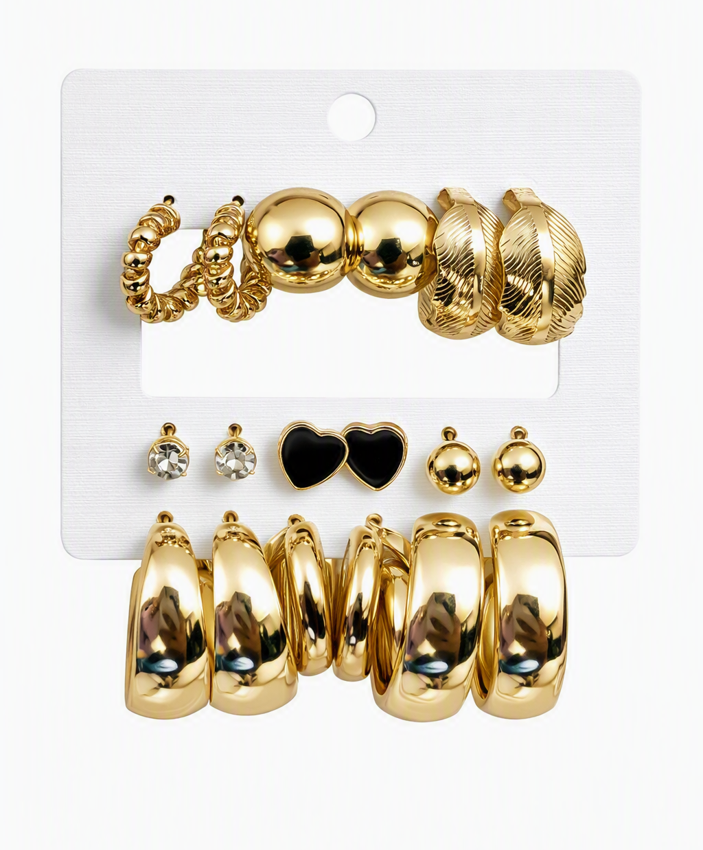 9-Pair Gold & Black Earring Set – Chunky Hoops, Studs & Clips | One Size
