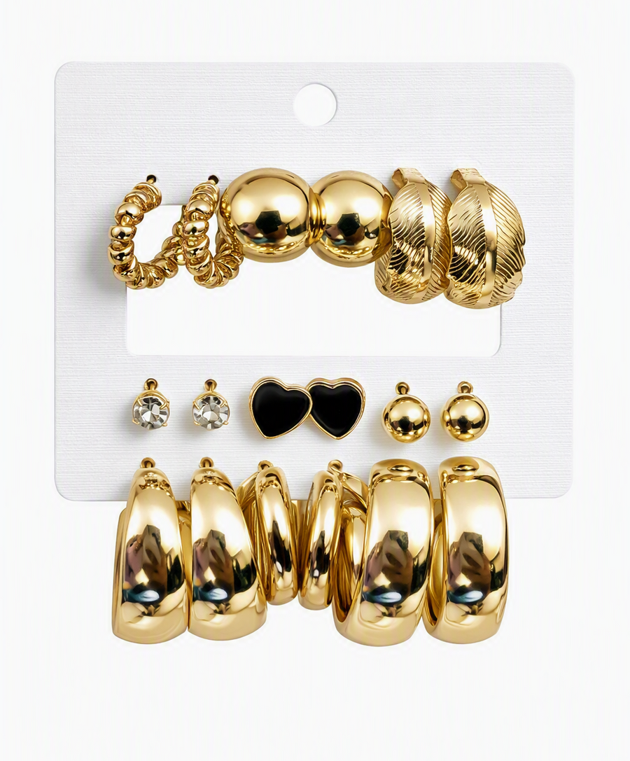 9-Pair Gold & Black Earring Set – Chunky Hoops, Studs & Clips | One Size