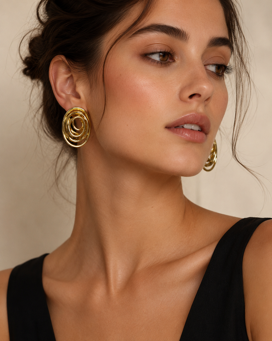 Gold Stainless Steel Oval Swirl Stud Earrings – Vintage Chunky Studs | One Size