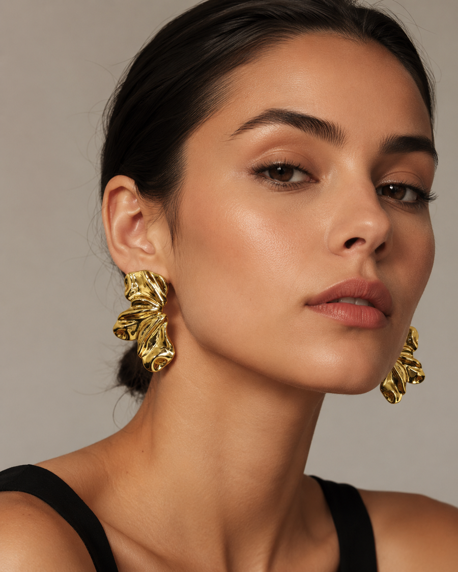 Gold Stainless Steel Crumpled Petal Hoop Earrings – Vintage Statement Studs | One Size