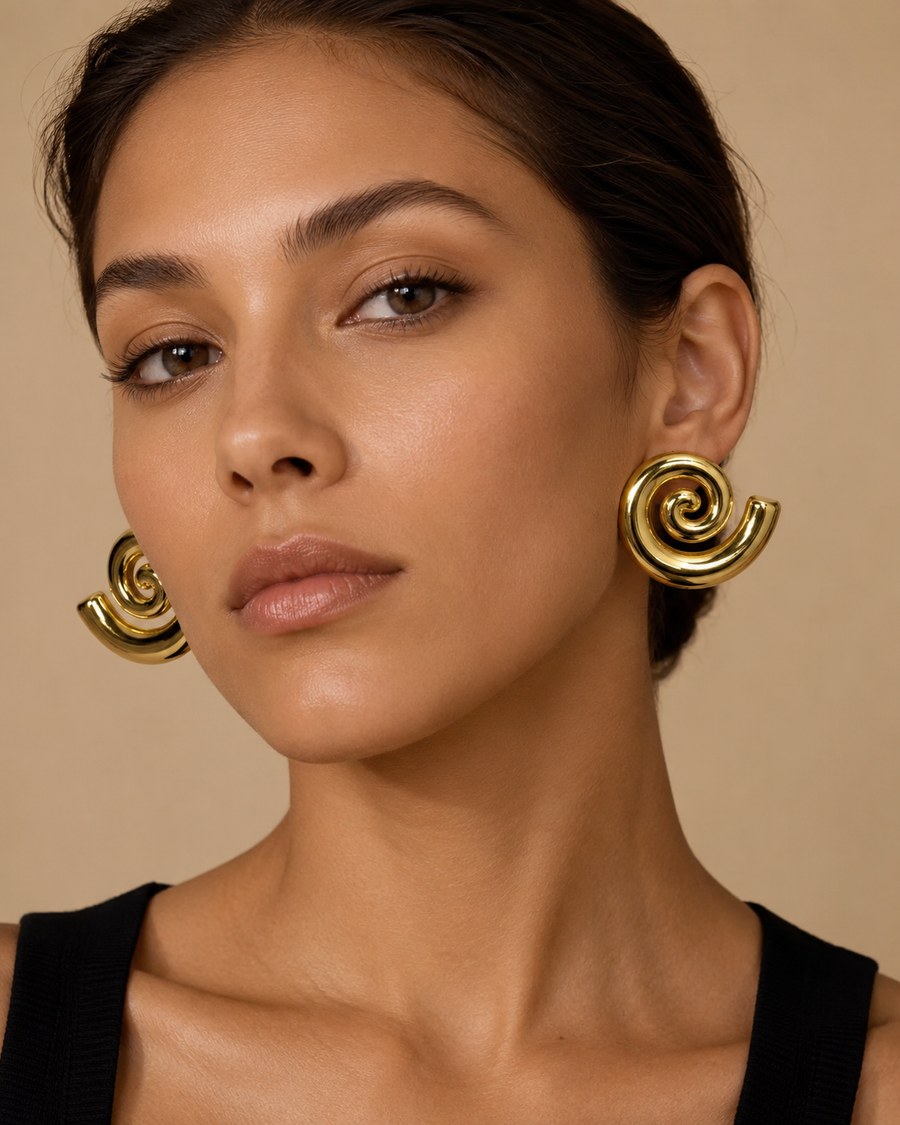 Gold Stainless Steel Open Spiral Swirl Hoop Earrings – Vintage Statement | One Size