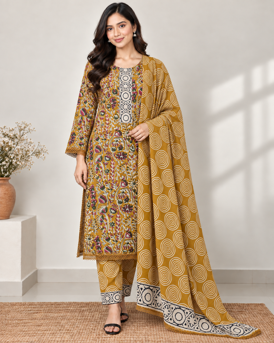 Mustard Joypuri Stitched Three-Piece Set