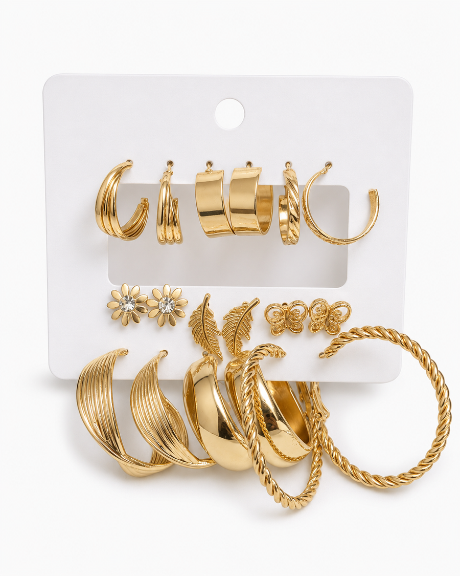 9-Pair Gold Earring Set – Vintage Hoops, Studs & Charms | One Size