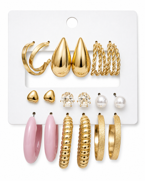 9-Pair Trendy Earring Set – Gold, Pearl & Pink Hoops | One Size