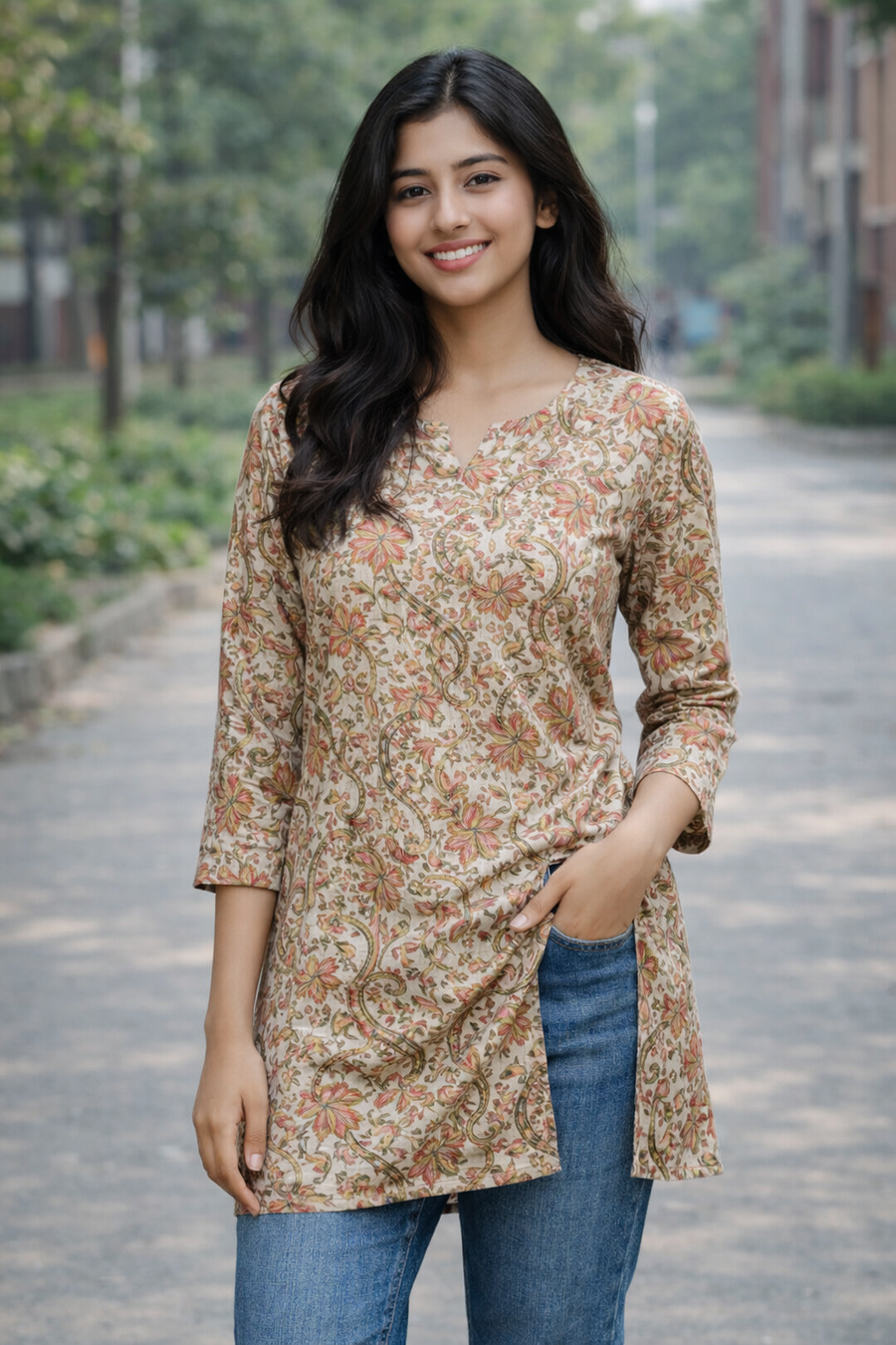 Cream Paisley Floral Print Aarong Cotton Kurti | Summer Kurti for Women