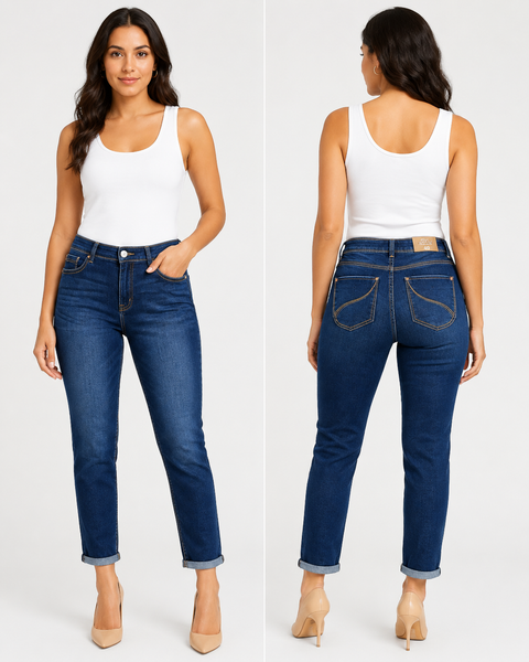Women's Mid-Rise Slim Straight Cropped Stretch Denim Jeans | Medium Blue Wash