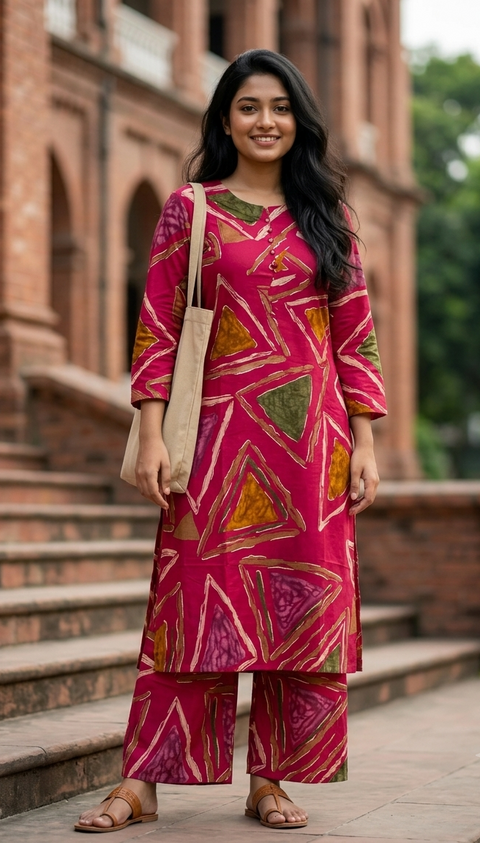 Pink Geometric Print Cotton Kurti & Palazzo Set