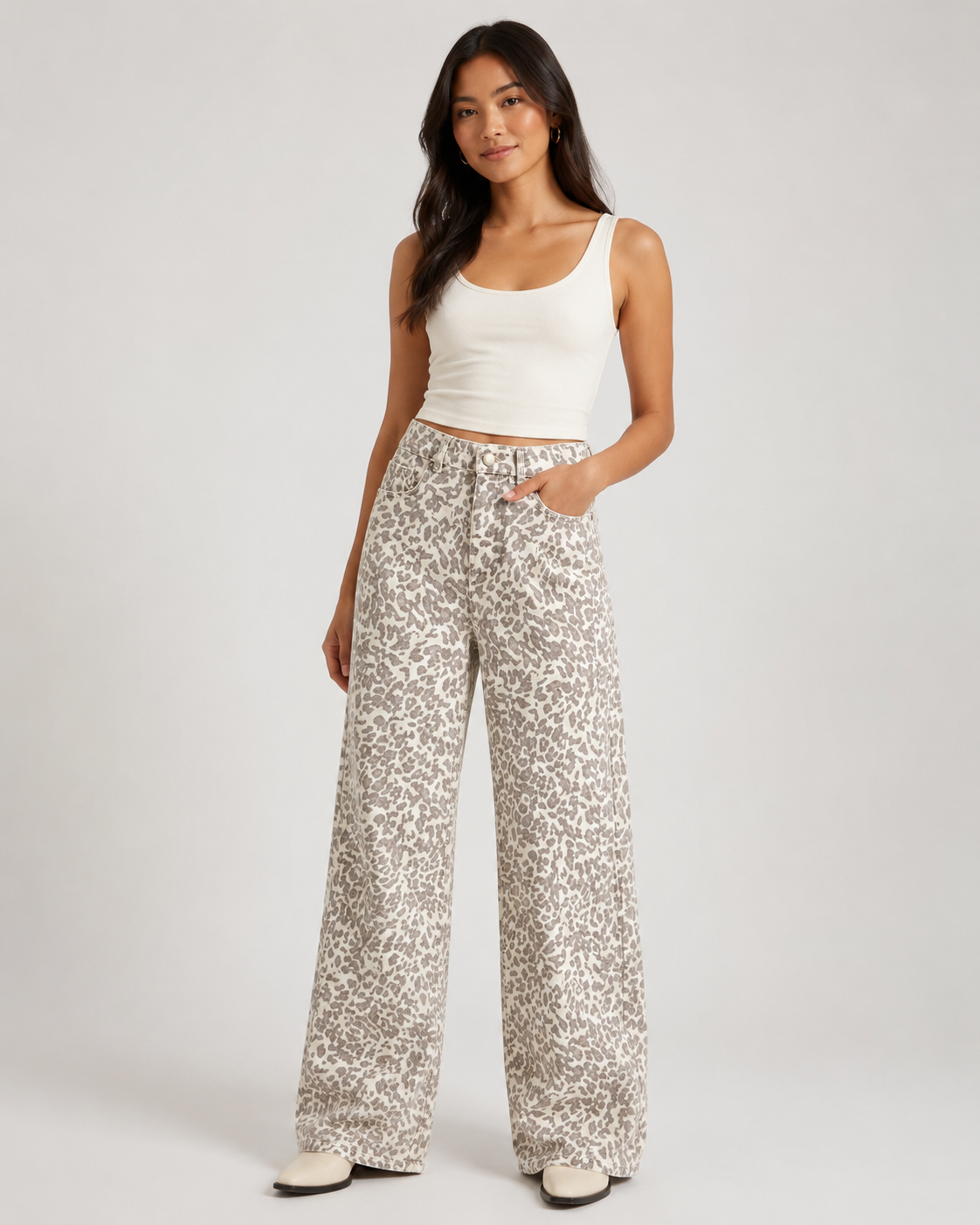 Women's High-Rise Baggy Wide Leg Leopard Print Stretch Denim Jeans | Cream
