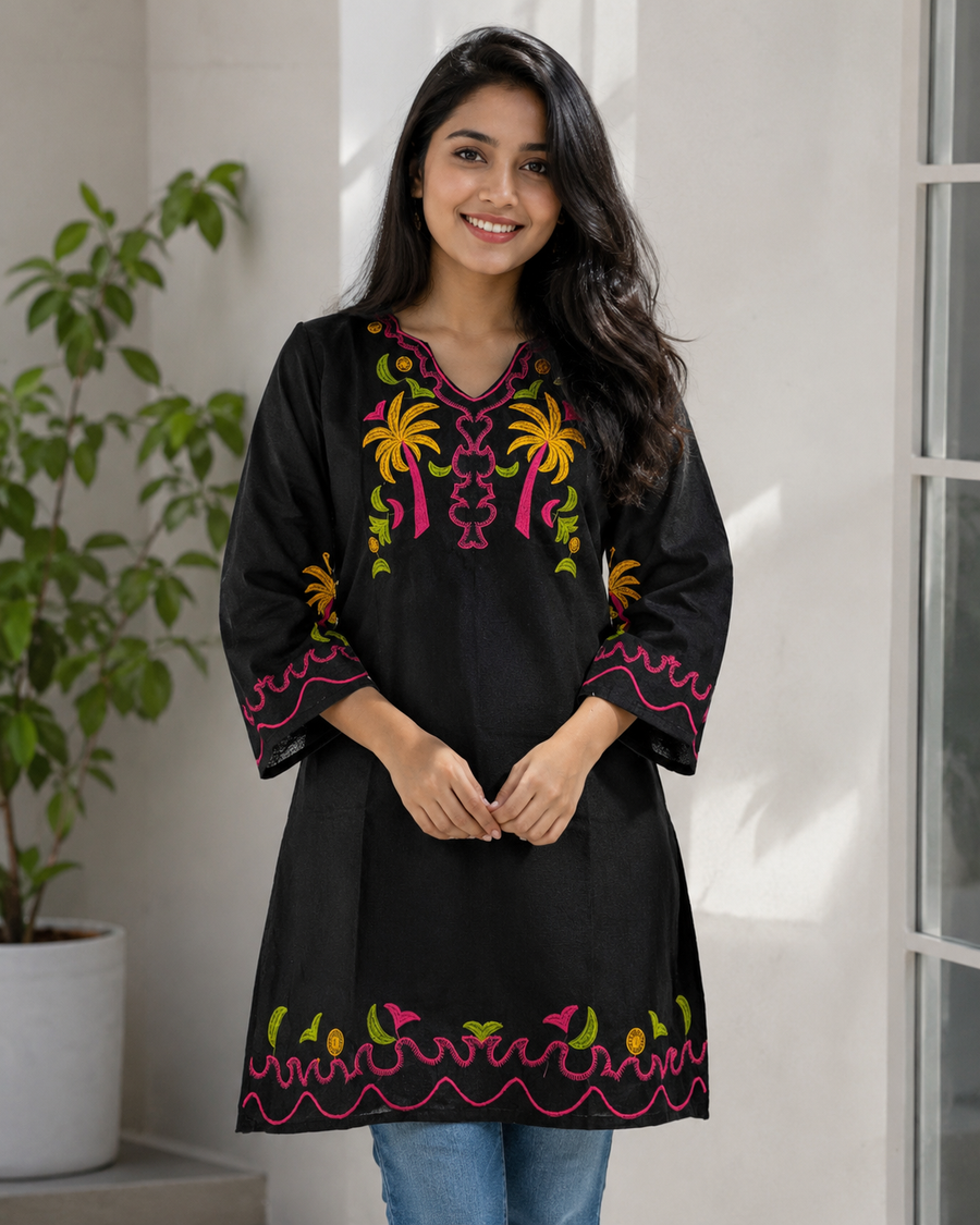 Black Embroidered Cotton Kurti