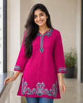 Magenta Floral Embroidered Aarong Cotton Kurti | Summer Kurti for Women
