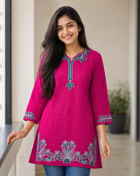 Magenta Floral Embroidered Cotton Kurti