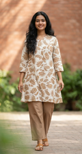White & Camel Tropical Floral Print Aarong Cotton Kurti | Summer Kurti for Women