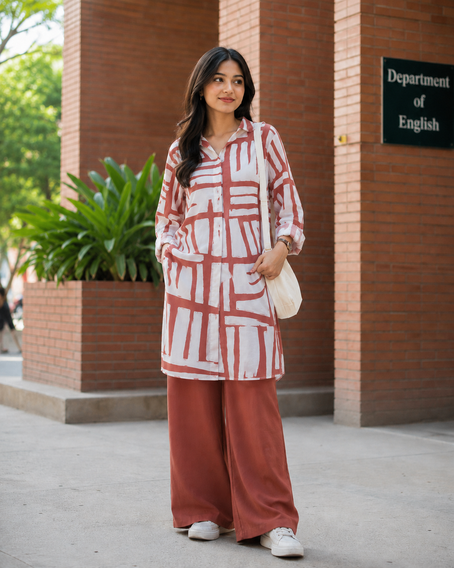 White Terracotta Cotton Kurti Plazzo set