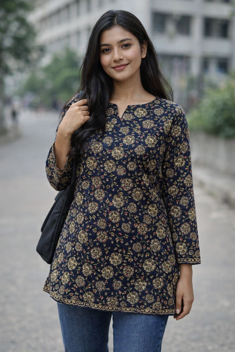 Navy Blue All-Over Floral Print Aarong Cotton Kurti | Summer Kurti for Women
